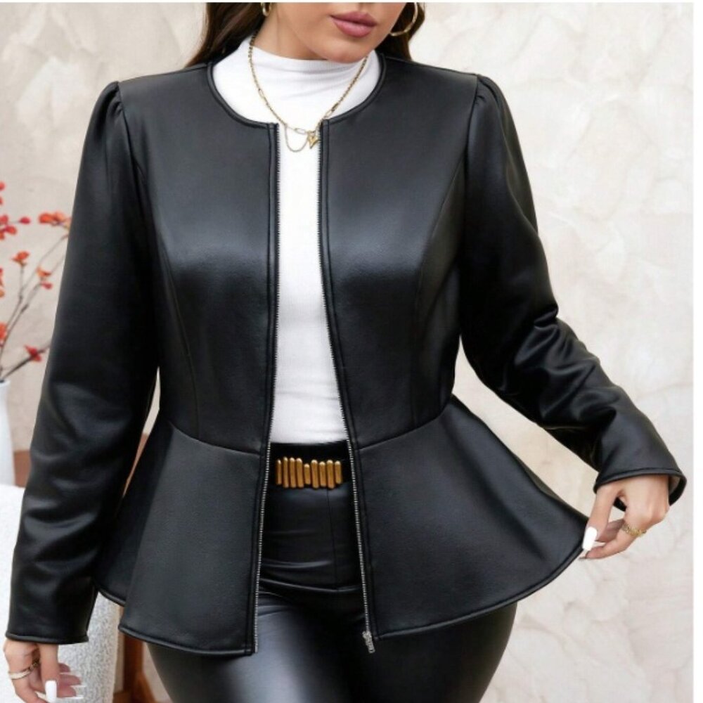 S210 Black Pleather Peplum Jacket Size 0X
